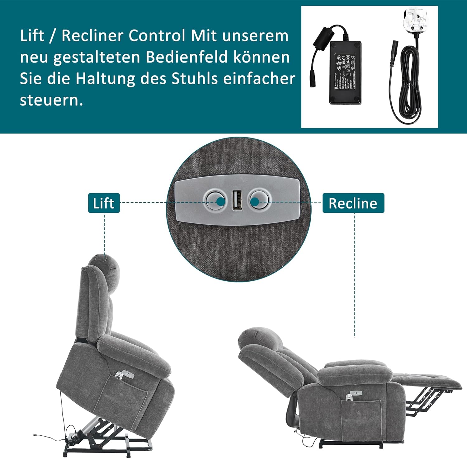 Merax Elektrischer Relaxsessel mit Liegefunktion, Fernsehsessel Massagesessel mit Aufstehhilfe, Vibration und Heizung, Fußteil, Seitentaschen, USB-Anschlüsse, Ergonomisch, Stoffsofa, Wohnzimmer, Grau