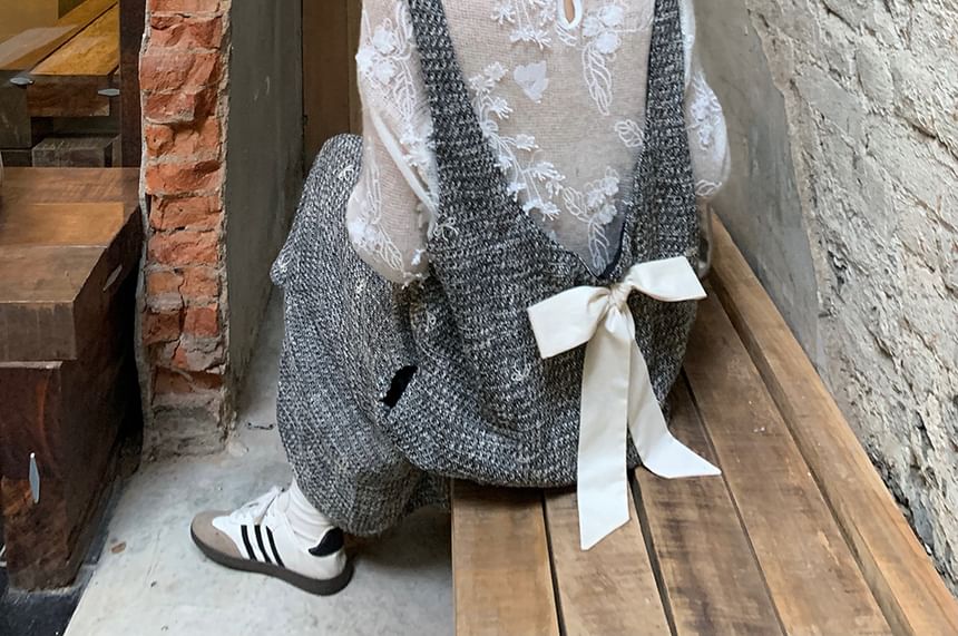 Trendycas - Top met lange mouwen, ronde hals, geborduurde bloemenkant / Maxi A-lijn truijurk van tweed met ronde hals en strik