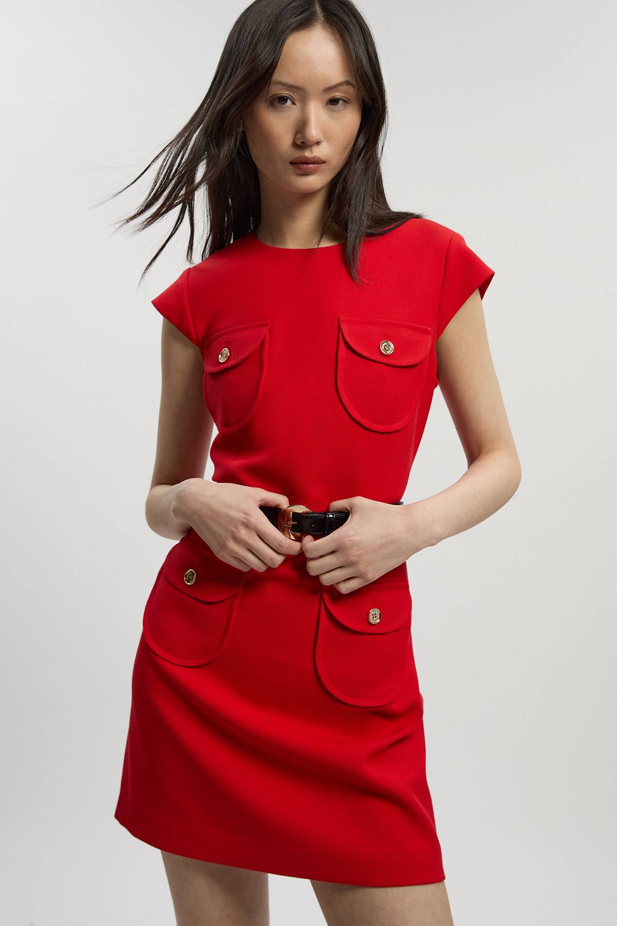 KarenMillen Robe Mini Ajustée Texturée Stretch Compact avec Ceinture