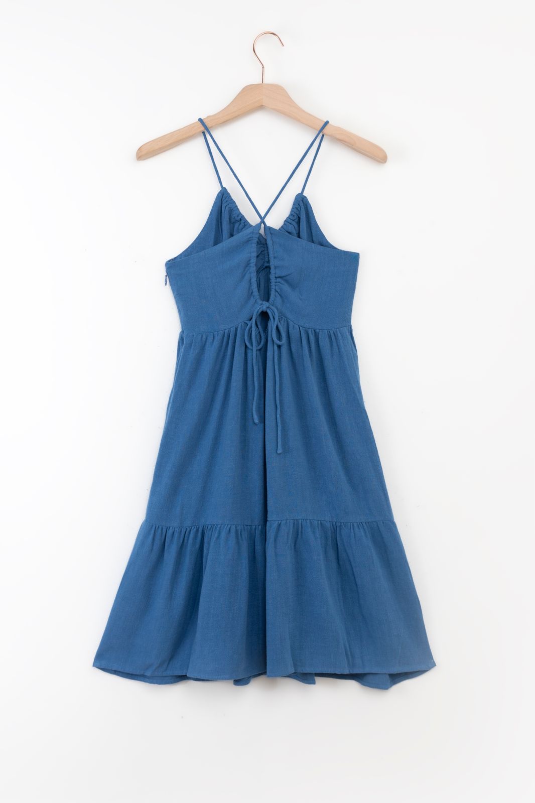 Blauwe jurk met spaghetti bandjes