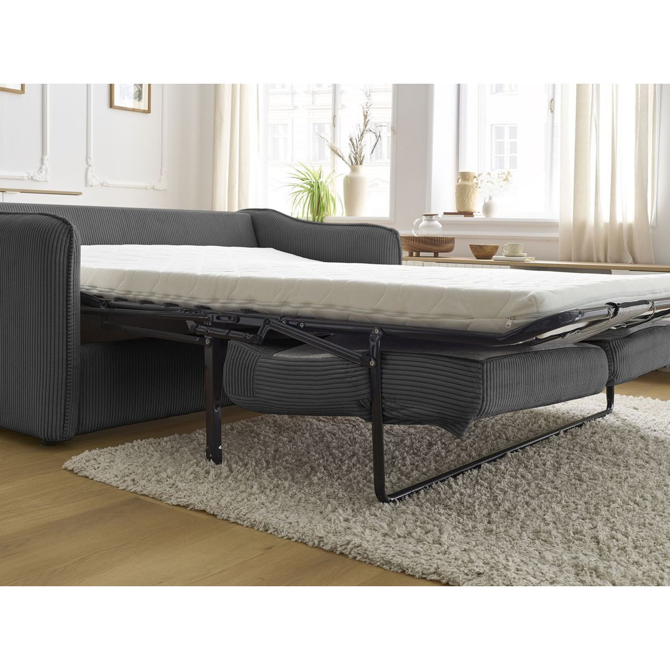 Bobochic Canapé droit convertible express en Velours côtelé 3 places Lenny gris foncé - 178x102x89 cm