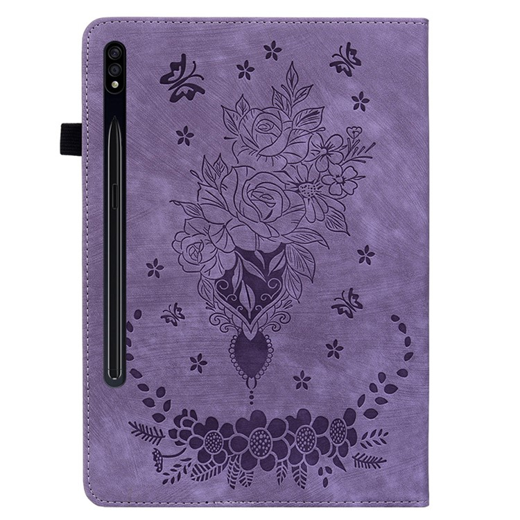 Samsung Galaxy Tab S10 Lite / S10 FE / Tab S9 FE / S9 Leder Tasche Flip Cover Rosen & Schmetterling Imprint   S-Pen Halterung - Lila