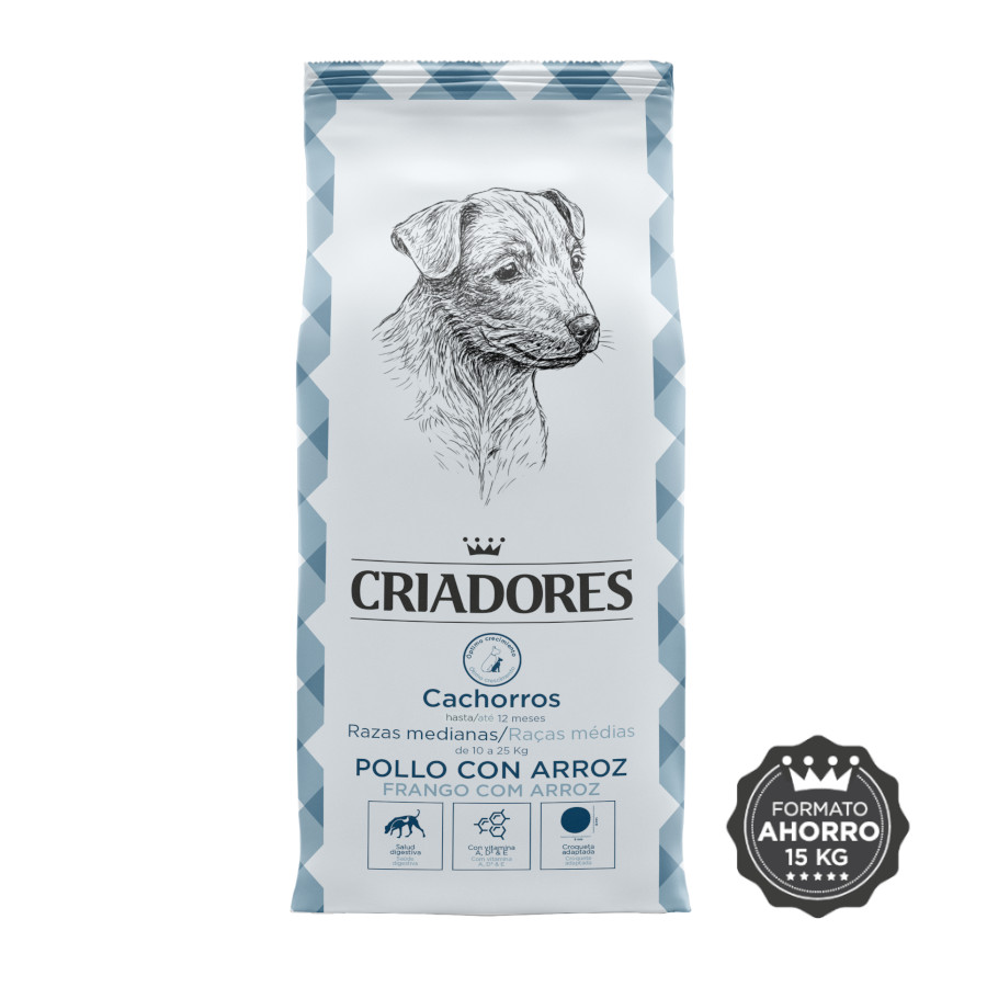 Ração para filhotes de porte médio, sabor frango e arroz, da marca Breeders.