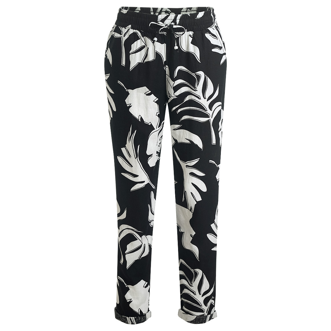 Damen Leinen-Hose mit Elastikbund schwarz / weiss