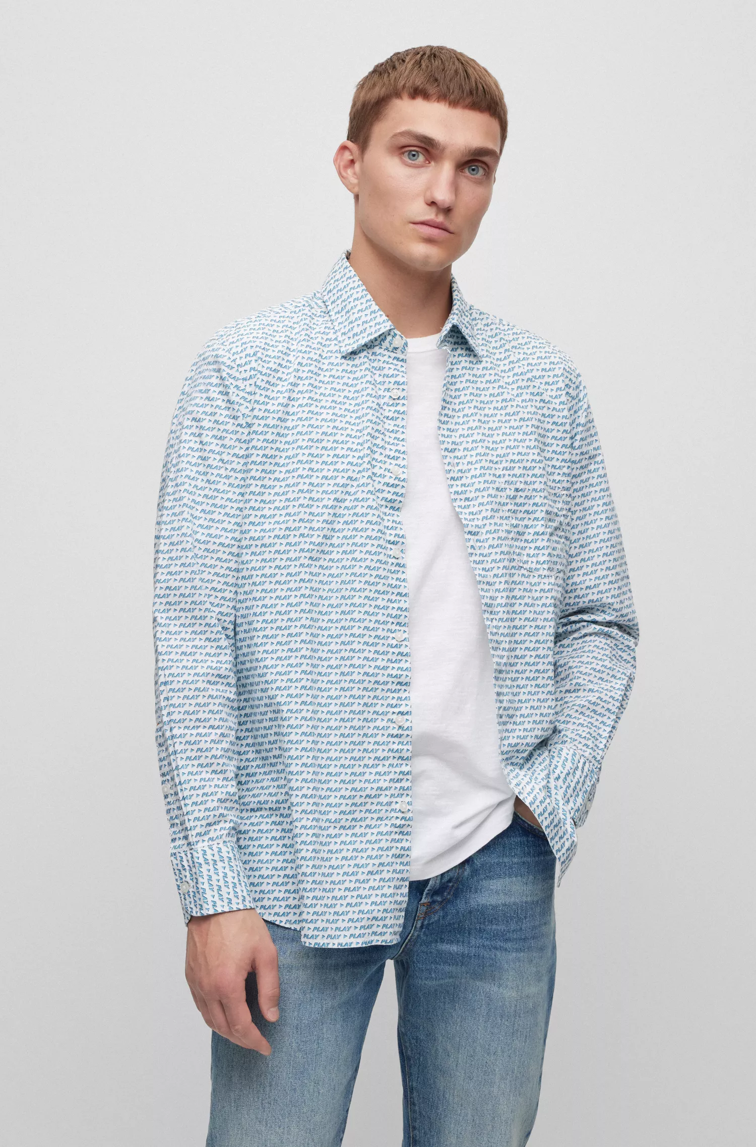 Camisa BOSS laranja, corte regular, em popeline de algodão estampado.