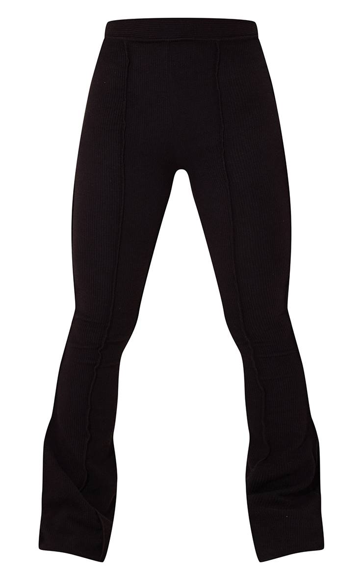 Noir Pantalon Évasé Côtelé Taille Haute Avec Détails De Coutures