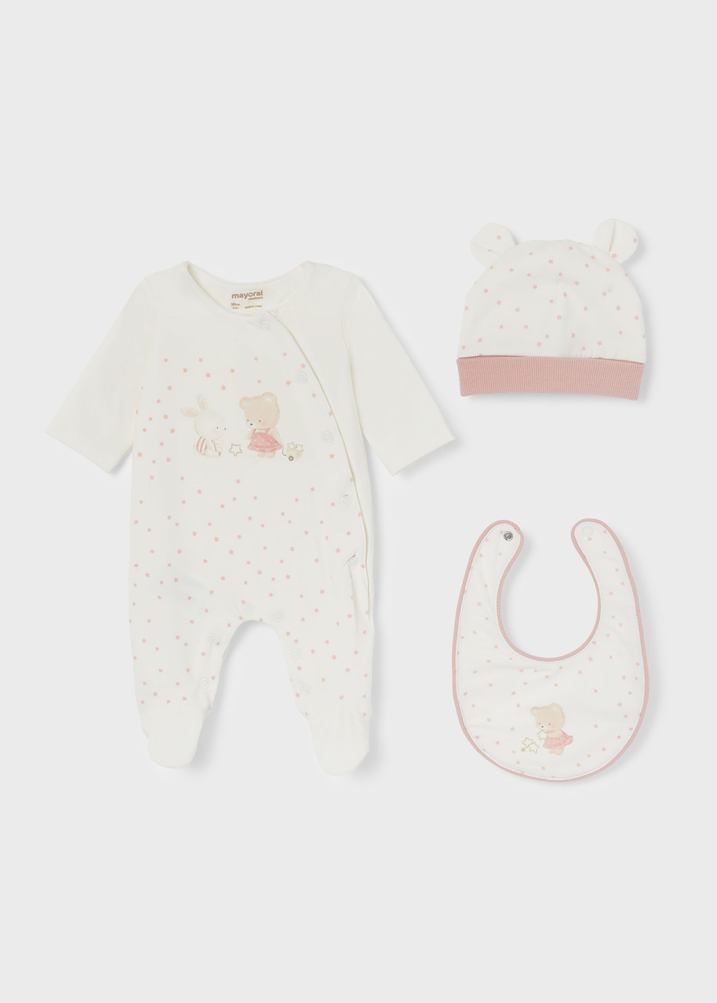 Conjunto de 3 peças em algodão sustentável para recém-nascidos.