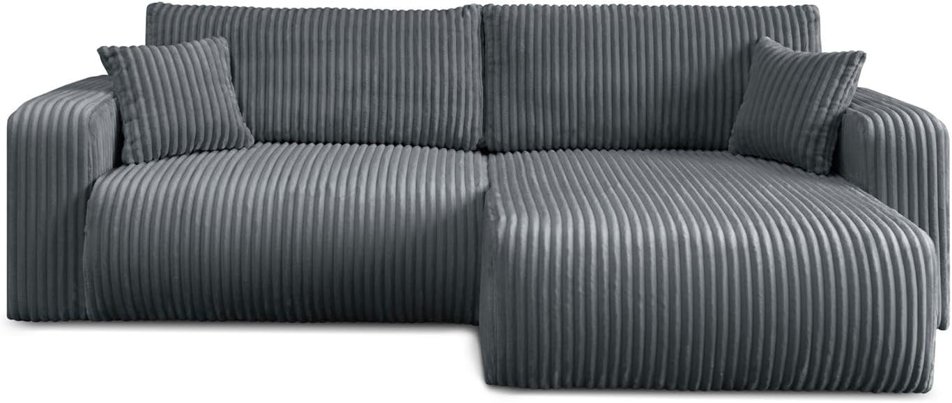 Lookway Ecksofa Move L-Form mit Schlaffunktion und Bettkasten, modernes Cord-Stoff Schlafsofa 200x130 cm, Eckcouch mit Stauraum, Wohnlandschaft mit Kissen, universell montierbar (Grau - Tilia 85)