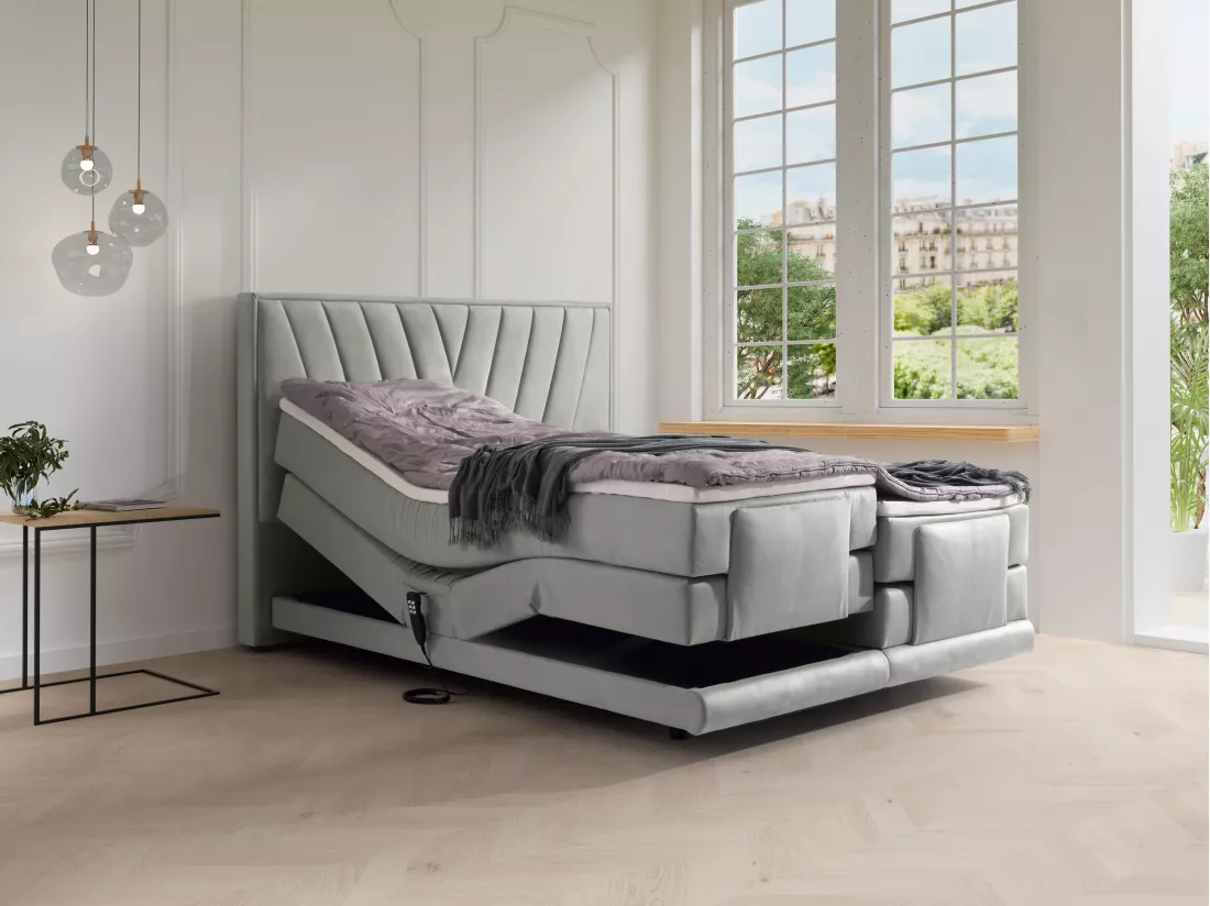 Ensemble complet boxspring tête de lit + sommiers relaxation électrique + matelas + surmatelas - 2 x 80 x 200 cm - Velours - Gris clair - LUMONI de YSMÉE
