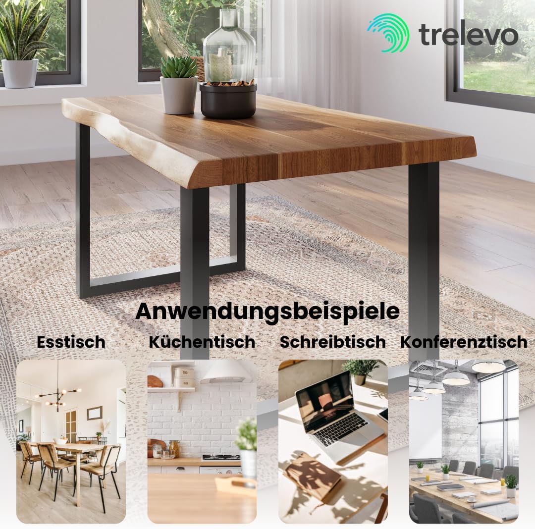 Esszimmertisch 120x80 cm, Akazienholz massiv, Tischplatte naturfarben, echte Baumkante, U-Gestell schwarz, Baumkantentisch