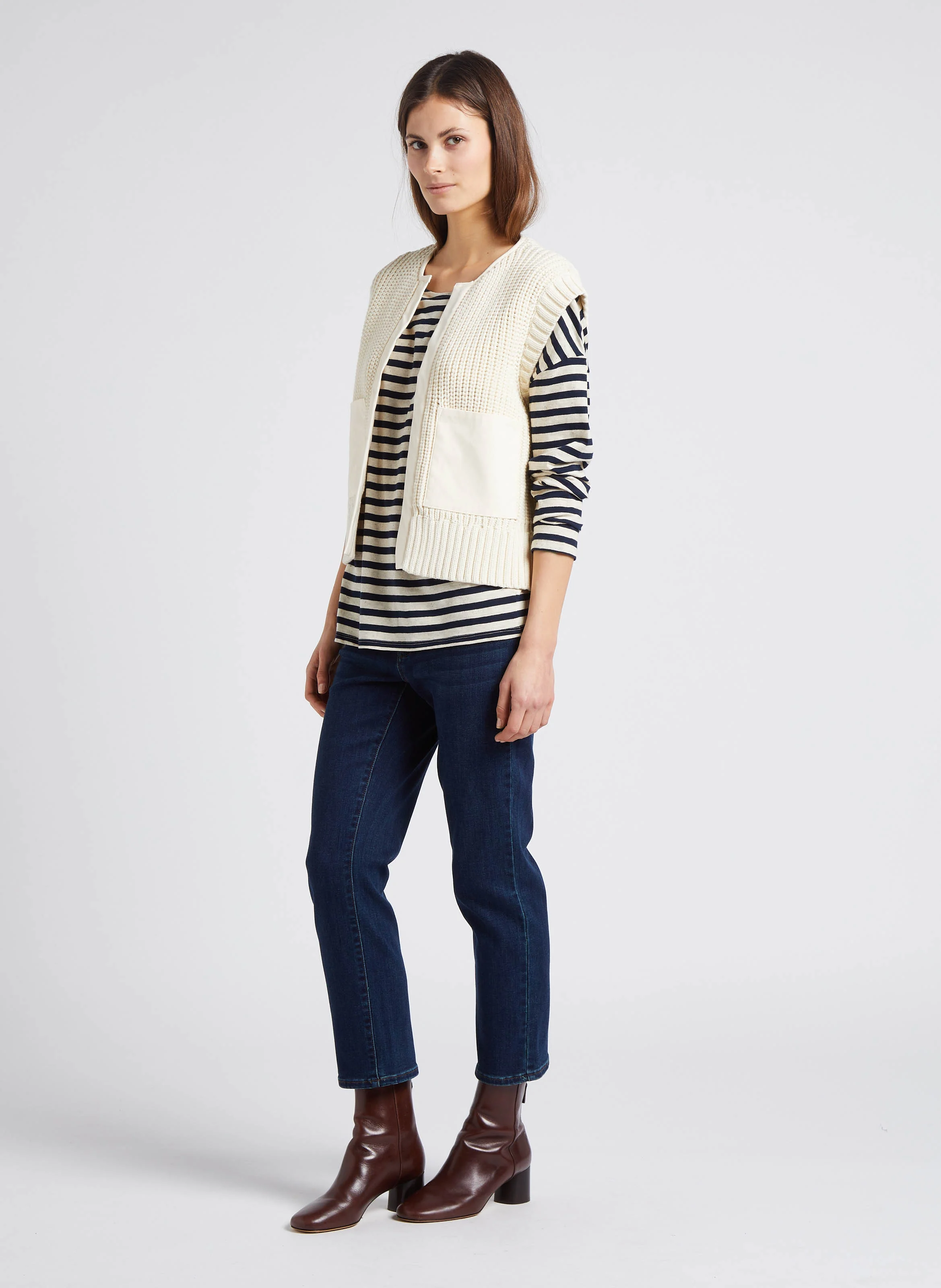 LAURENA - Gilet col rond en coton melangé | Blanc