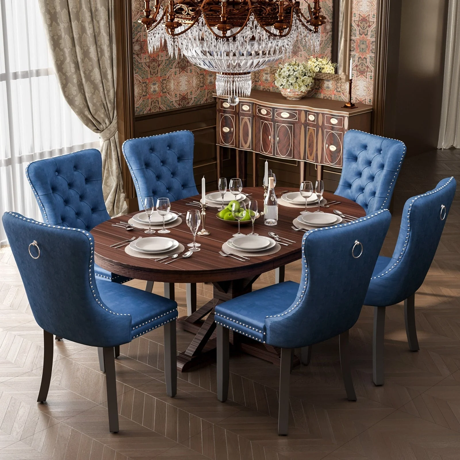 Upholstered Tufted Velvet Dining Chair with Solid Wood Legs Set of 6