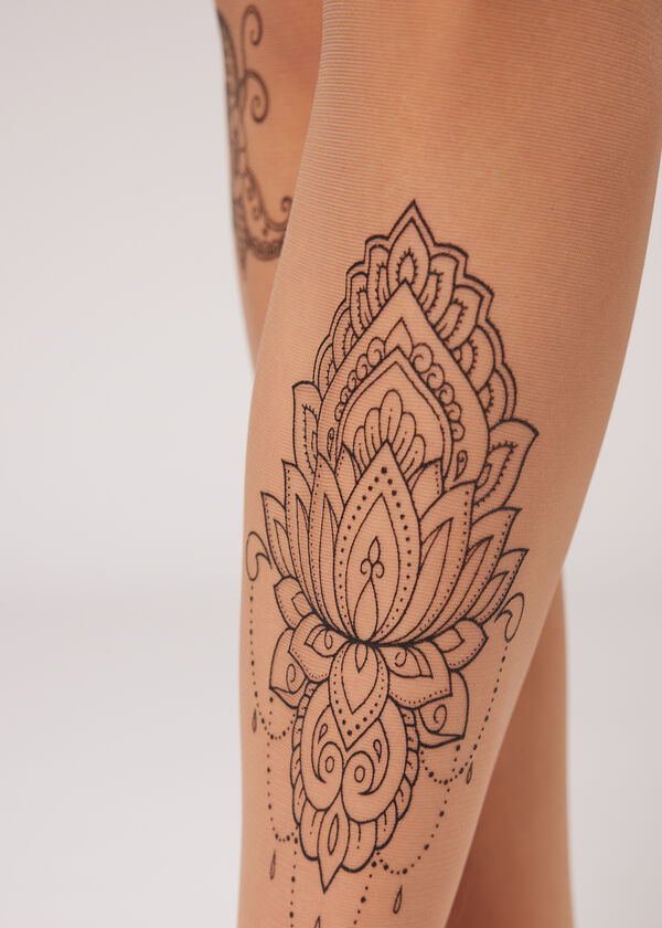 Meia-calça transparente 20 denier com estampa de tatuagem estilo boho
