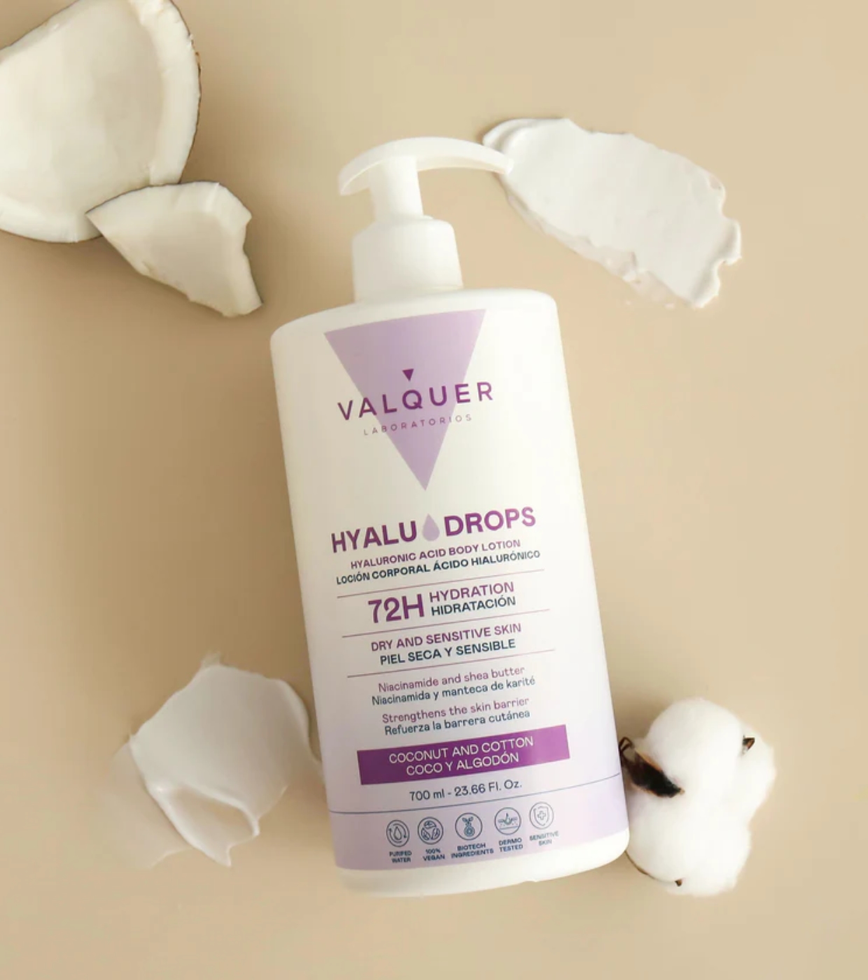 Valquer - Loção Hidratante Corporal 72h Hyaludrops - Coco e Algodão