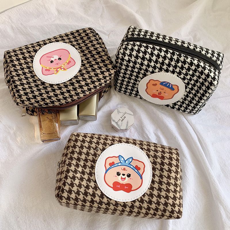 Ikiana - Bear Applique Pied-de-poule etui / make-up tas