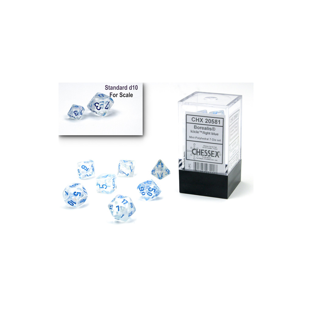 Set de 7 Mini Dés JDR Chessex : Borealis Icicle / Light Blue Luminary