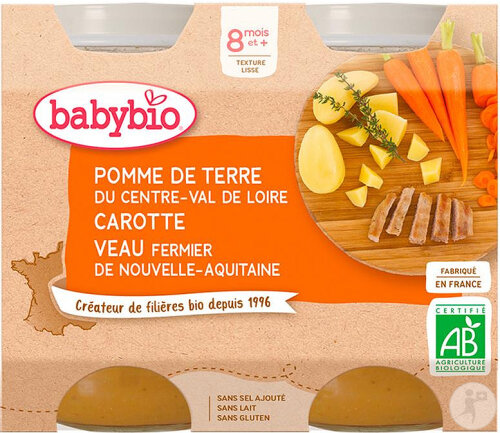 Babybio Pomme De Terre Du Centre-Val De Loire Carotte Veau Fermier Bébés 8+ Mois 2x200g