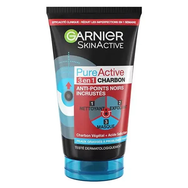 Garnier SkinActive PureActive Charcoal 3 em 1 Tratamento Anti-Cravos 150ml