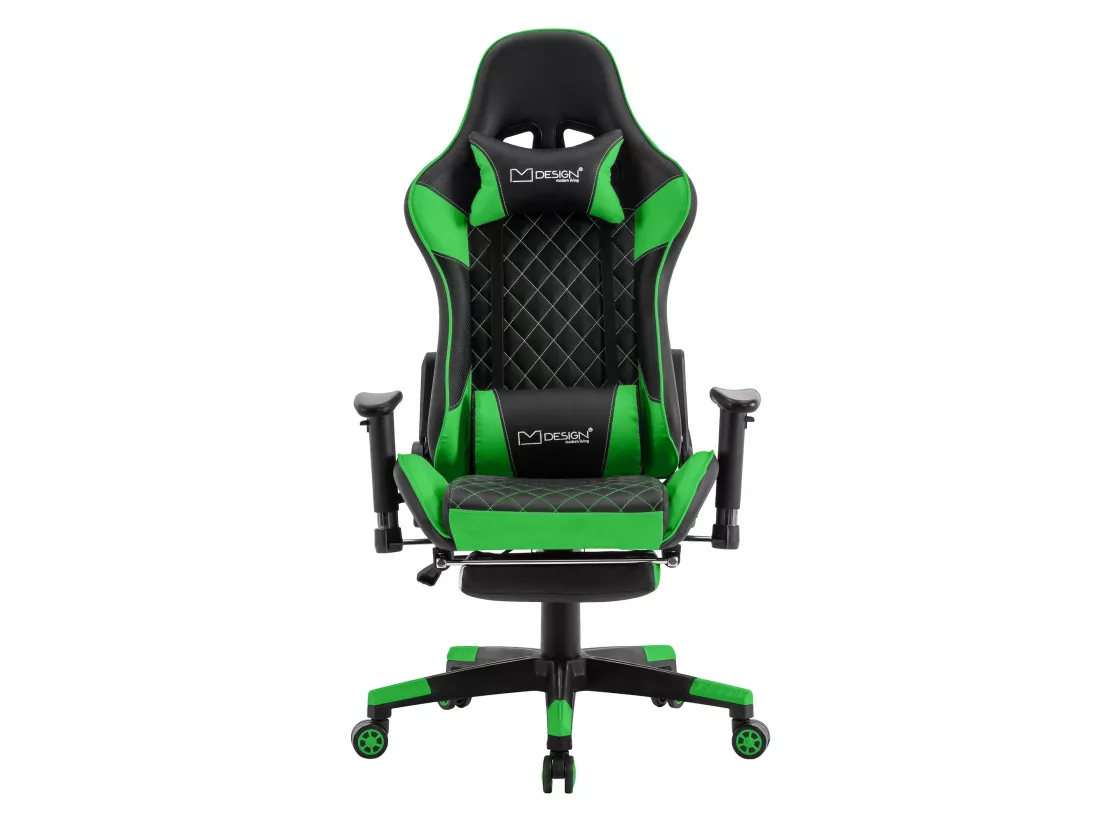 Chaise de jeu avec repose-pieds extensible 2D Accoudoirs Noir/Vert en similicuir ML-Design