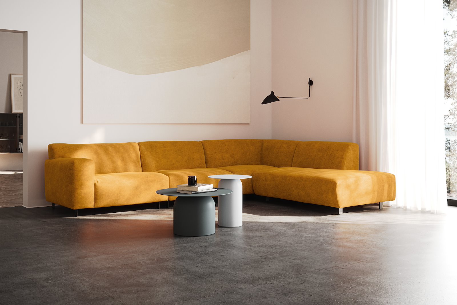 Vesta hjørnesofa 3-seter med åpen ende høyre, Big hjørnemodul, Tekstil Eros Mustard, standardsøm, sort metallben 10 cm, Comfort CM