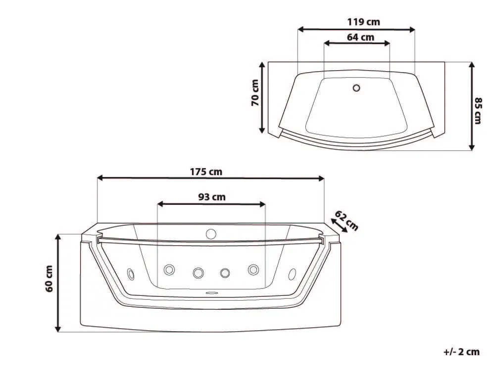 Hoek bubbelbad met LED FUERTE 175 x 85 cm Wit