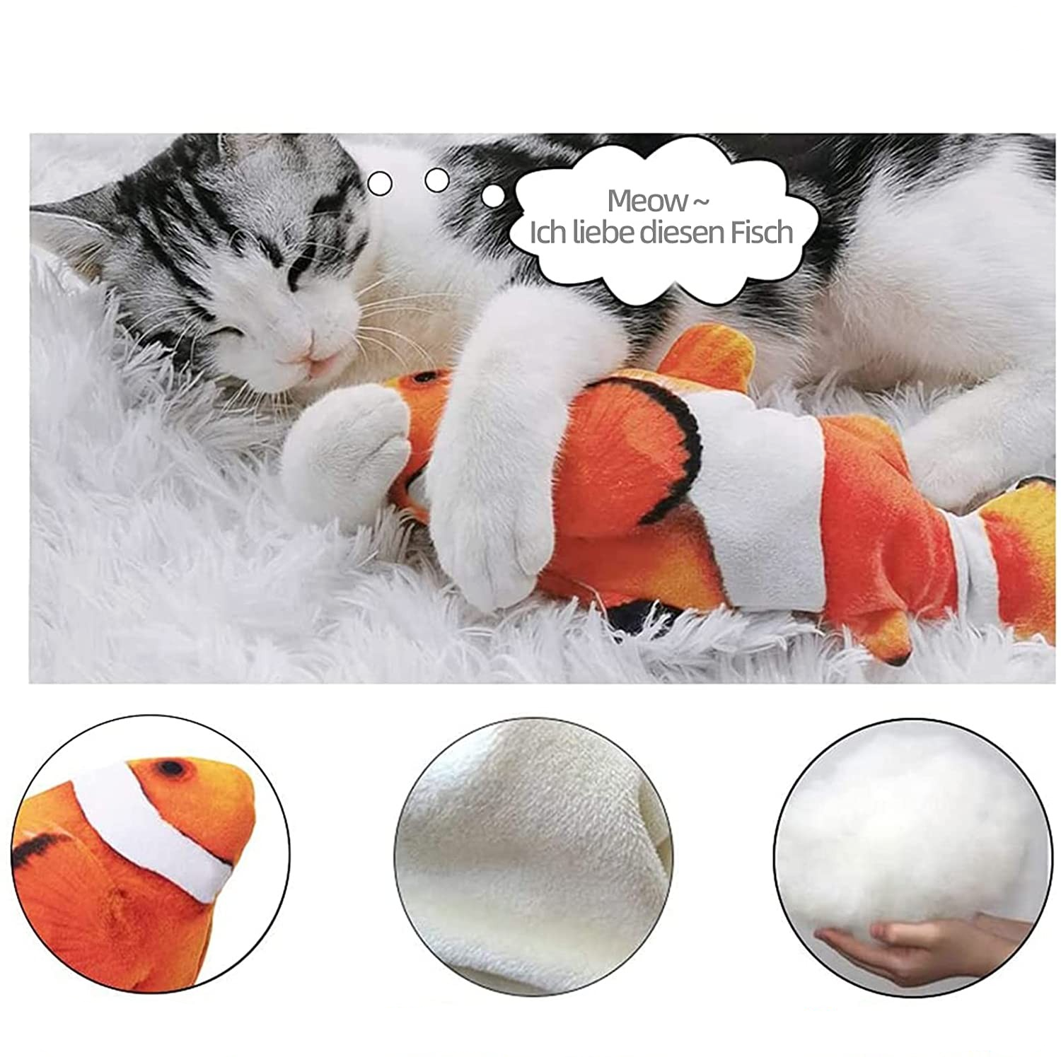 (200mAh) Elektrisches Katzen Spielzeug Wackel Plüsch Fisch mit Berührungssensor - Orange
