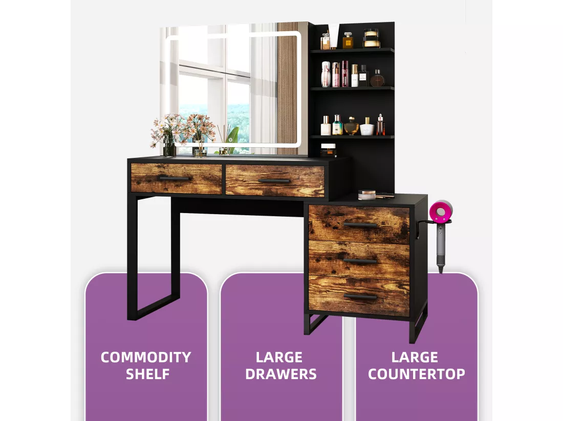 YITAHOME Coiffeuse avec Éclairage LED - Miroir Coulissant - 3 Couleurs avec Luminosité Réglable - Table avec Tiroirs - Brun Rustique