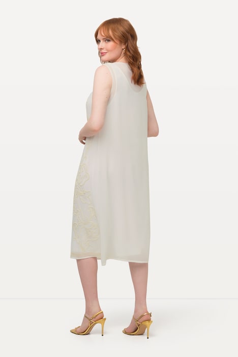 Kleid, doppellagig, Perlen, A-Linie, Rundhals, ärmellos