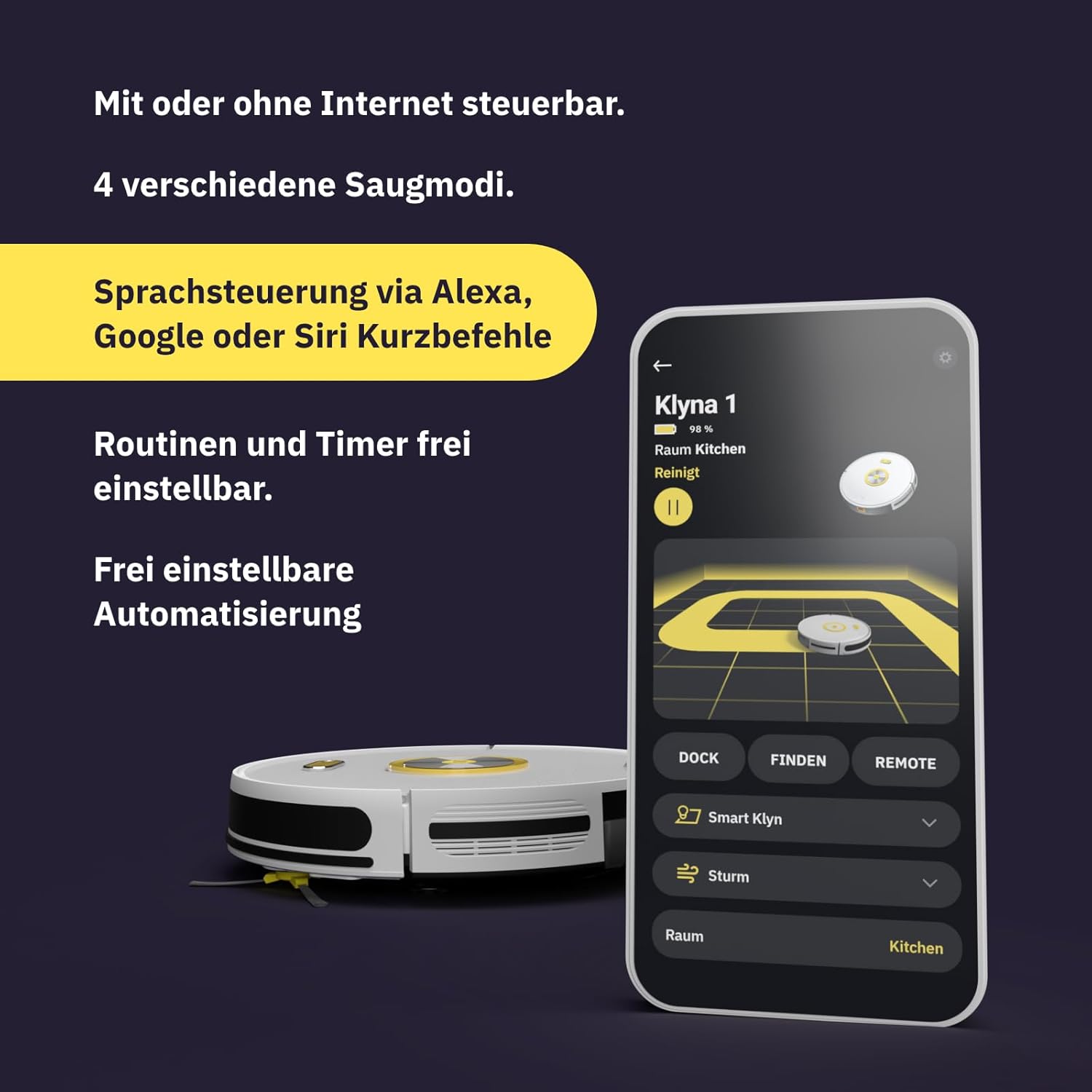 Klyna Saugroboter mit Wischfunktion I Staubsauger Roboter leise 60dB I 2200Pa Saugkraft I Smart Home App steuerbar I Saug und Wischroboter nur 7cm hoch I 150Min Akkulaufzeit I Server in DE