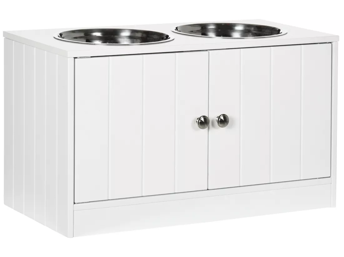 Gamelle double chien chat - porte-gamelles surélevé armoire 2 en 1 - 2 portes, 2 gamelles - acier inox. MDF blanc