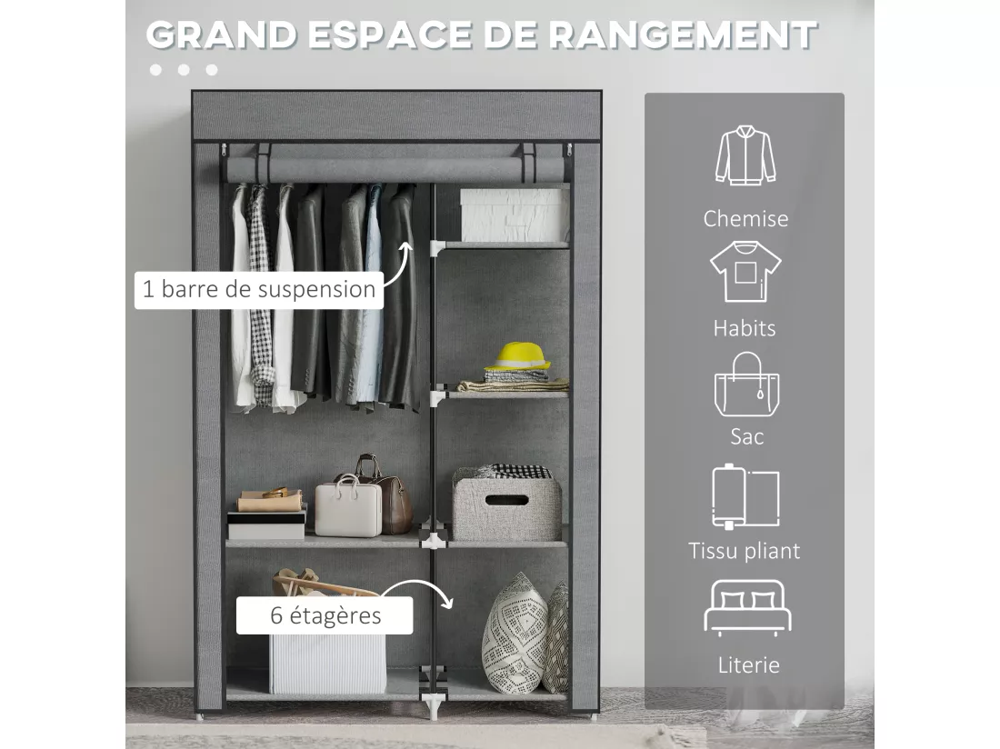 Armoire penderie multi-rangement - 6 étagères, 1 barre - dim. 103L x 43l x 162,5H cm - acier noir non tissé gris