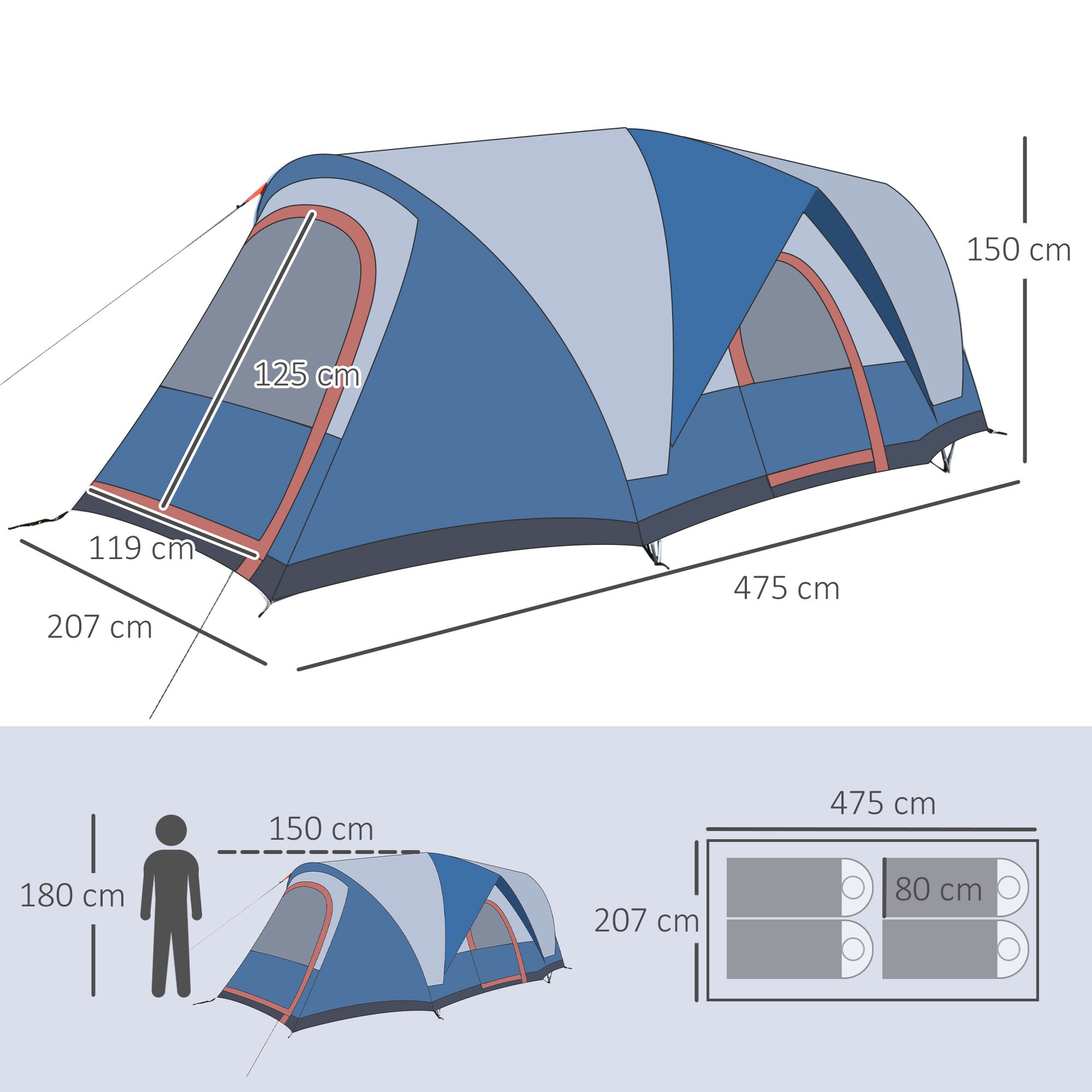 Outsunny Campingzelt mit 2 Türe blau 475L x 207B x 150H cm