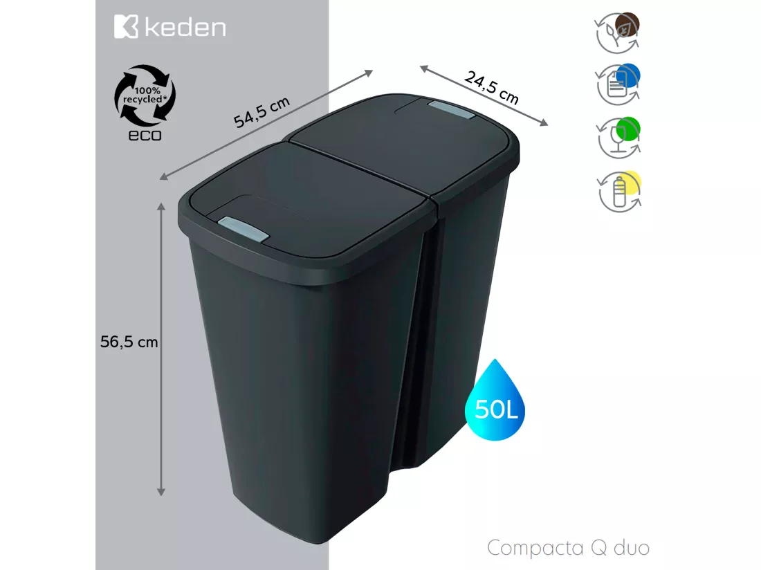 poubelle avec 2 coloris de couvercles indépendantes Keden noire de 50L. 54x24x56