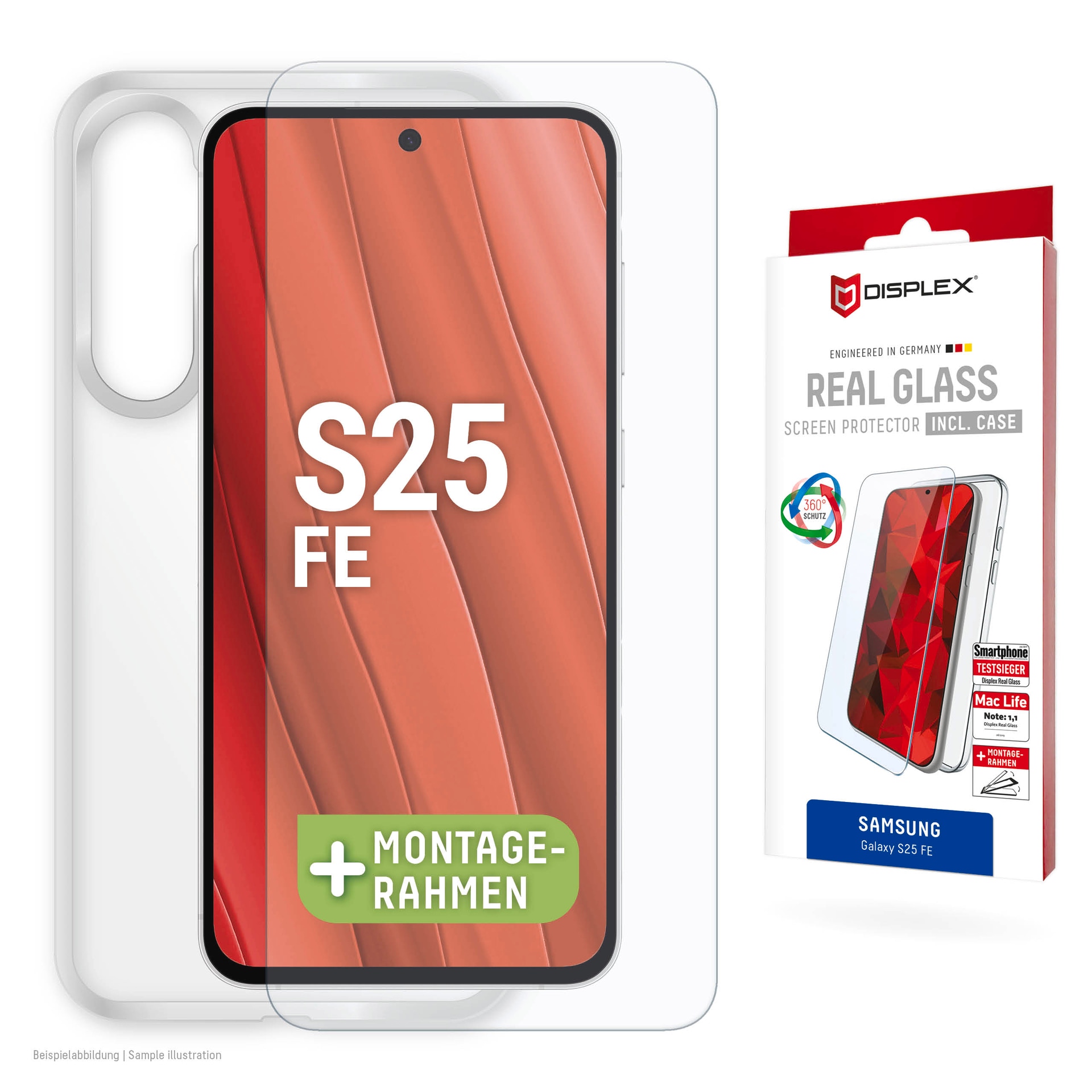 Displex Displayschutzglas »Real Glass Screen Protector inklusive Case« für Samsung Galaxy S25 FE Displayschutzfolie, Schutzfolie, Bildschirmschutz, kratz- & stossfest