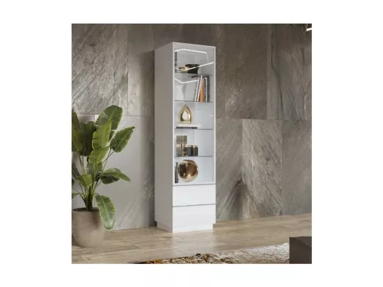 Vitrine haute ZANTE avec 1 porte vitrée et 2 tiroirs - Blanc brillant - 50 x 194 x 48 cm