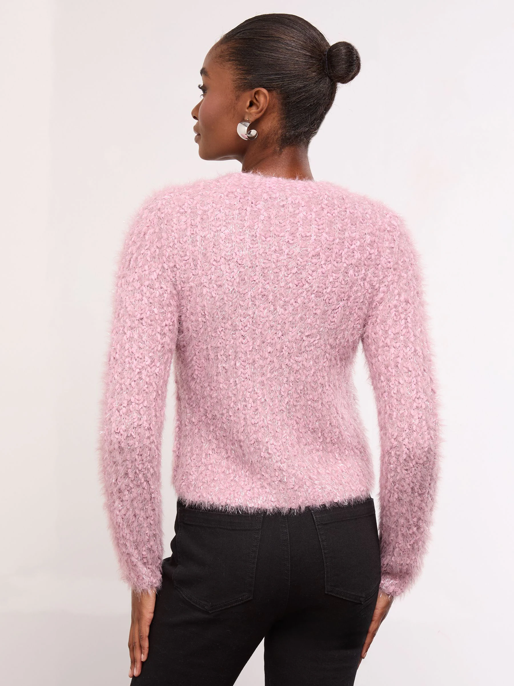 Lipsy V-Neck Textured Tinsel Embellished Bow Buttoned Knit Cardigan