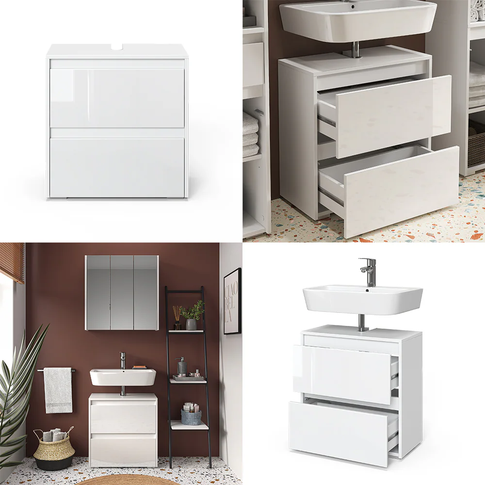 Vicco Waschtischunterschrank Waschbeckenunterschrank Majest Weiß Hochglanz modern 60x62 cm Badezimmer Schrank Badschrank Badkommode Badmöbel 2 Schubladen