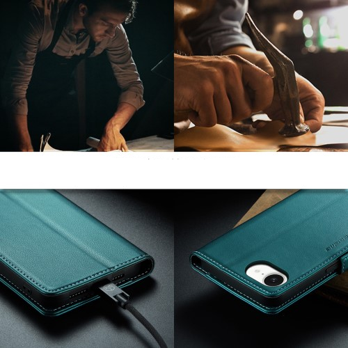 iPhone 16e Leder Tasche Flip Wallet Etui mit Kartenfächern Litchi Look (RFID Schutz) - Grün