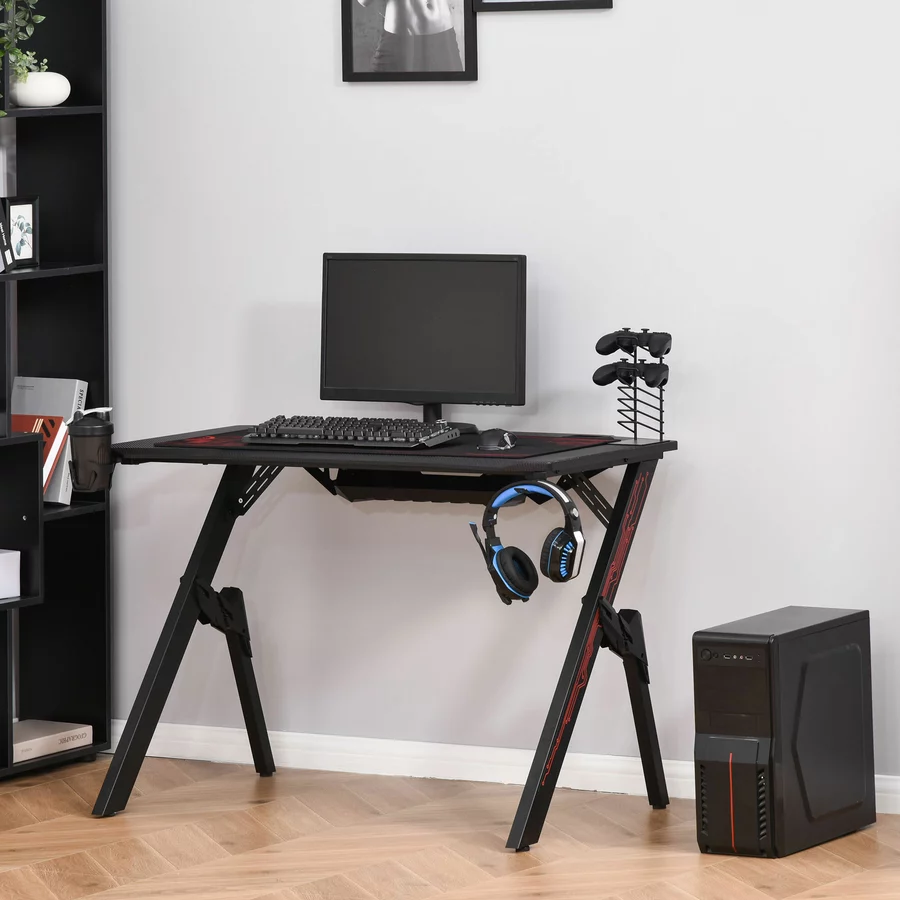 HOMCOM Gamingtisch mit Headset-Haken und Getränkehalter rot, schwarz