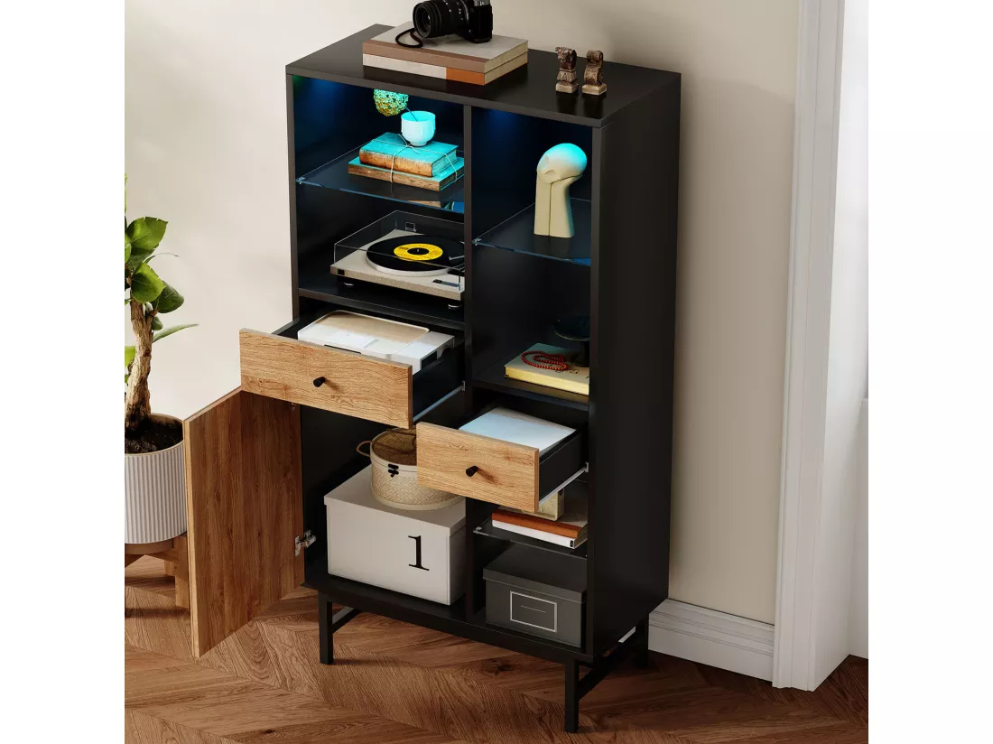 Buffet haut avec LED - 1 porte + 2 tiroirs + 6 compartimentd - Naturel + Noir