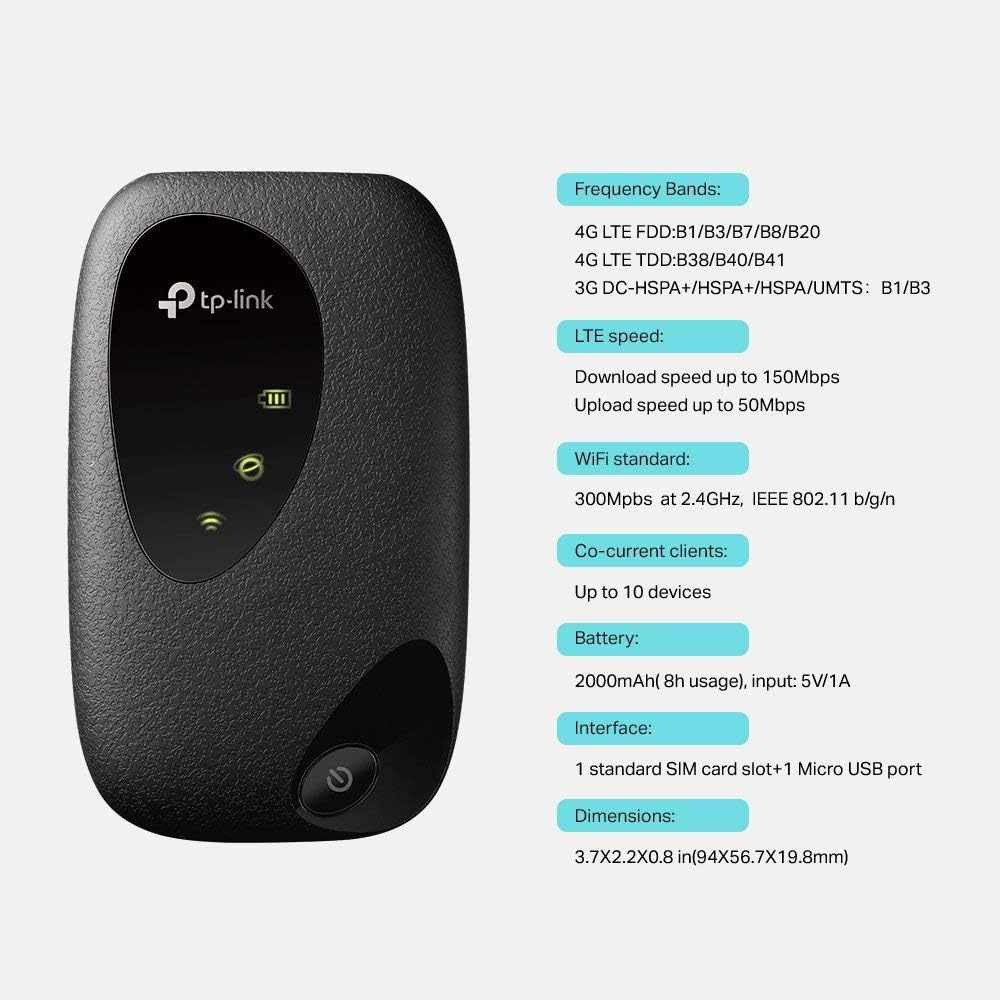(150 Mbit/s) Mobiler Hotspot 4G / 3G / LTE Wlan Router   Mini SIM Karten Slot und LED Display (M7200) - Schwarz