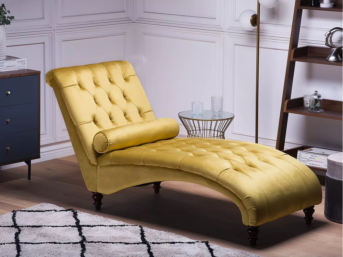 Chaise longue en velours moutarde MURET
