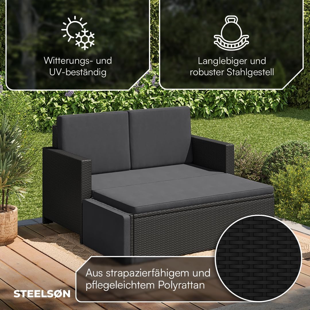 STEELSØN Gartenbank Elnath 2in1 Polyrattan, Gartensofa für 2 Personen mit Liegefunktion, Balkonmöbel mit Hocker 2er Sofa mit Polster wetterfest, Terrassenmöbel in schwarz/anthrazit 73x65x130 cm HxTxB