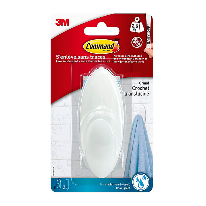 Grand crochet pour serviette avec languettes résistantes à l'eau Command BATH17 transparent givré 1 crochet + 2 languettes