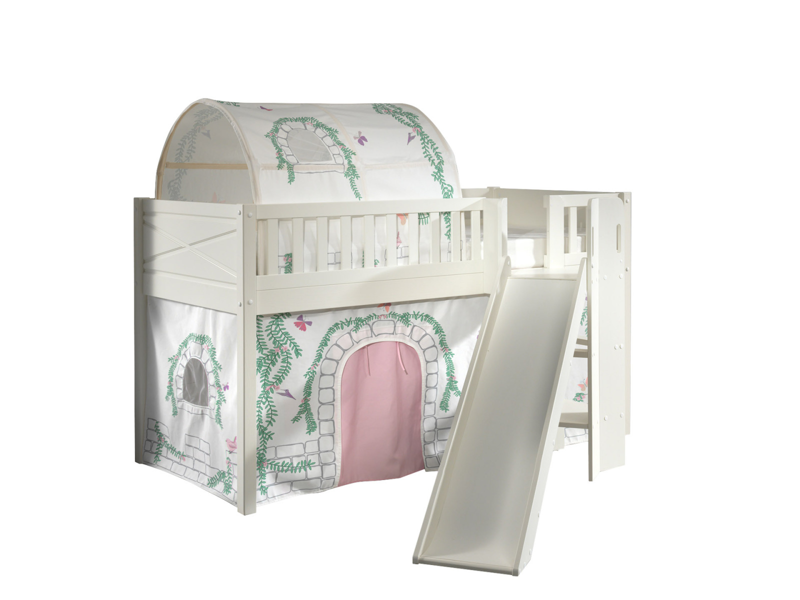Spielbett SCOTT - weiß - Birdy - mit Rutsche - Vorhang, Leiter und Tunnel - 90x200 cm