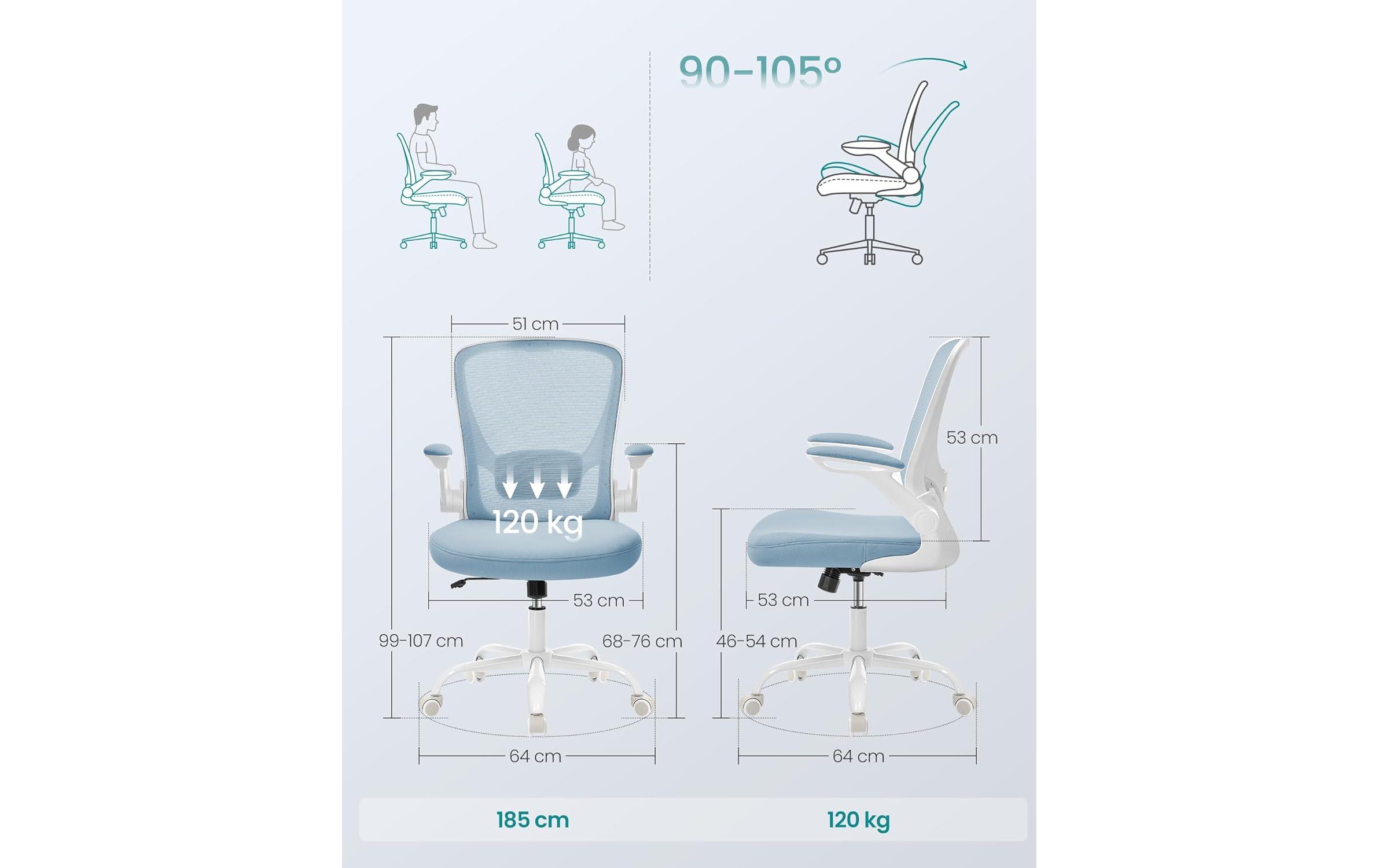 Bürostuhl mit klappbaren Armlehnen Hellblau<br>Ergonomischer Bürostuhl
