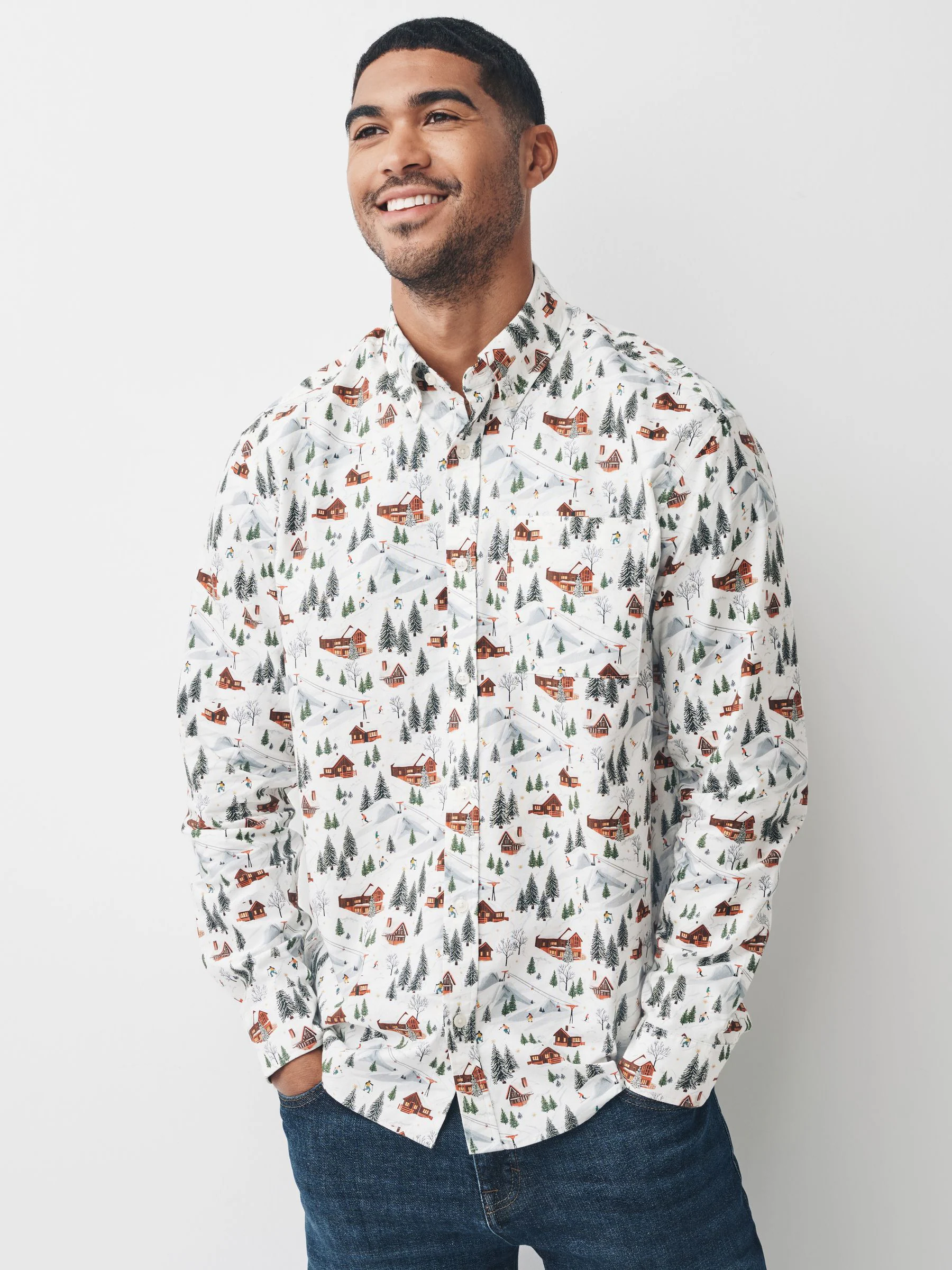 Wit - Overhemd met kerstprint en lange mouwen