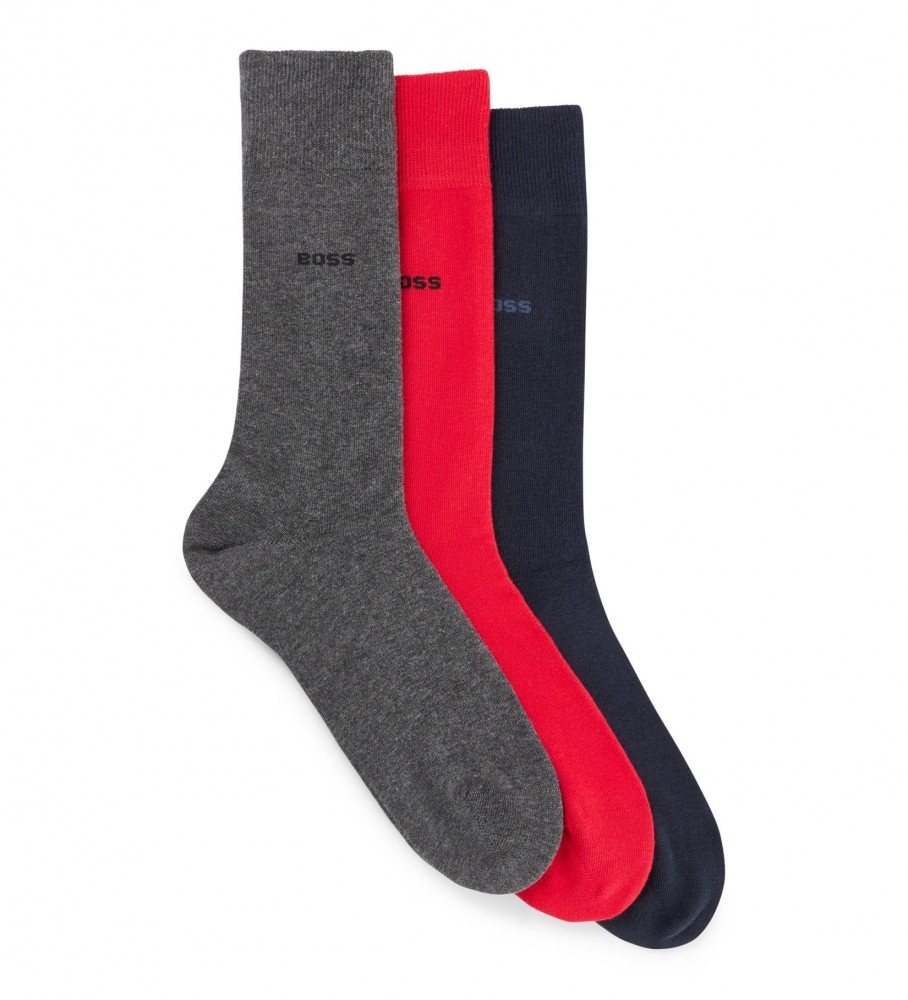 Conjunto de meias BOSS com 3 pares nas cores cinza, vermelho e azul marinho.