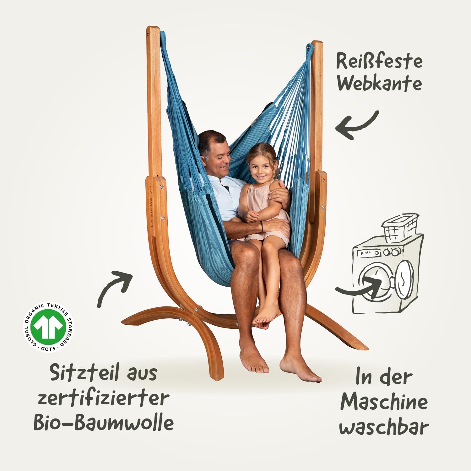 LA SIESTA® - Udine Bio-Baumwoll-Hängesessel mit Holzgestell - Handgefertigter, Reißfester, Weicher Indoor Hängesessel mit Gestell, FSC-zertifizierter Eukalyptus-Ständer für Balkon Garten - Blue Zebra