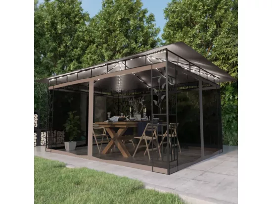 Tonnelle avec moustiquaire et lumières LED 4x3x2,73 m Taupe